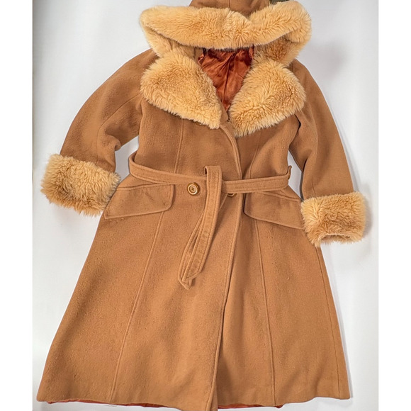 60s 70s Vintage Wool Coat Belted Camel Fur Collar & Cuffs Hooded Jacket Mob Wife - Picture 9 of 16